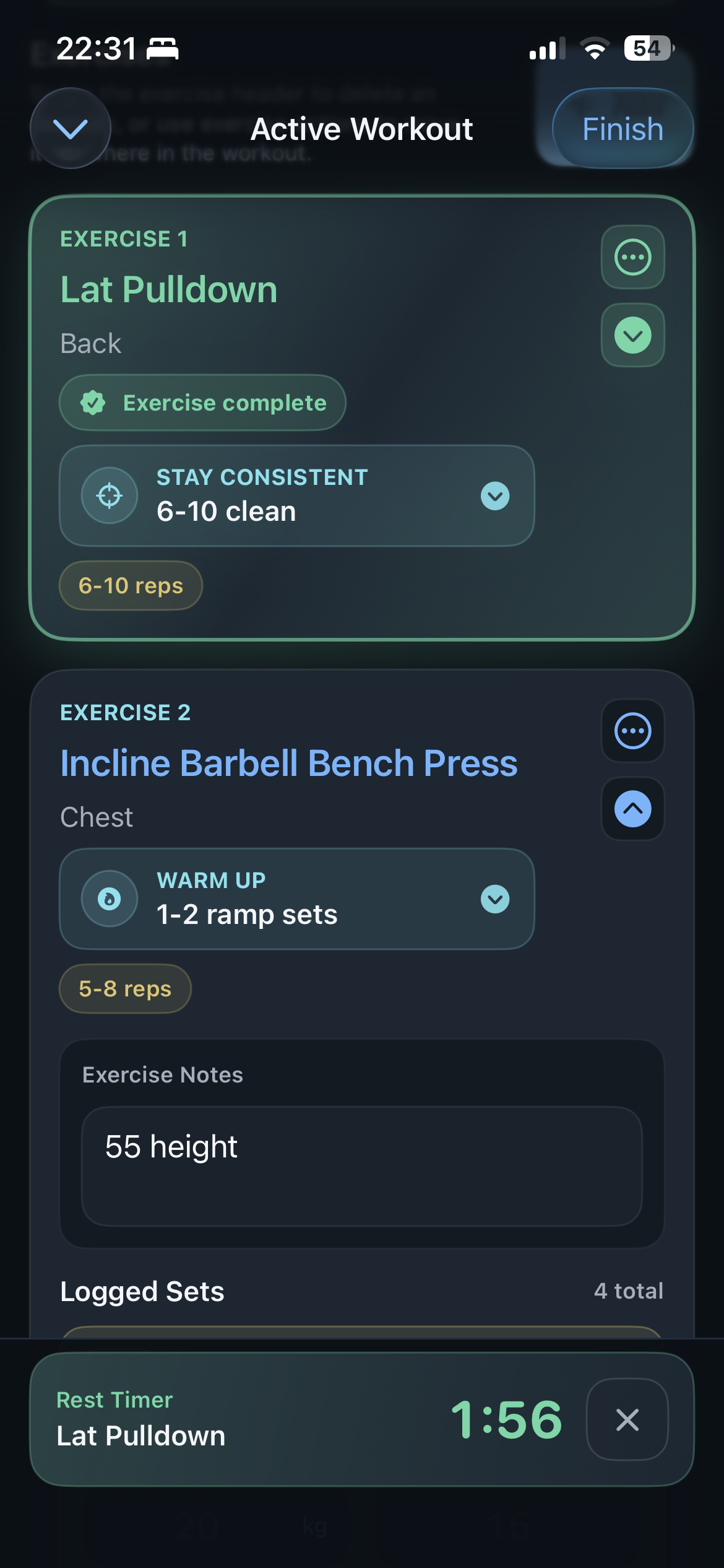 We Go Jim active workout logging screen